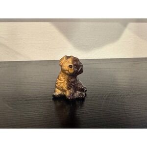 Miniature Ceramic Dog Figurine Sitting Puppy Brown Tan Glossy Tiny Collectible